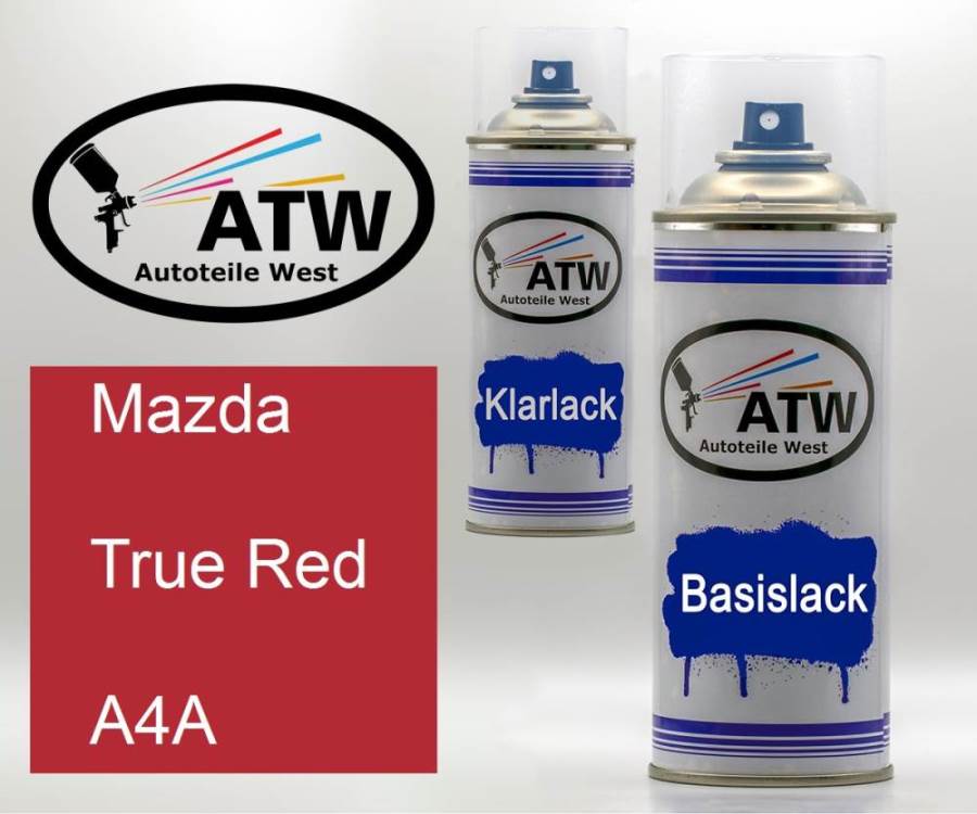 Mazda, True Red, A4A: 400ml Sprühdose + 400ml Klarlack - Set, von ATW Autoteile West.